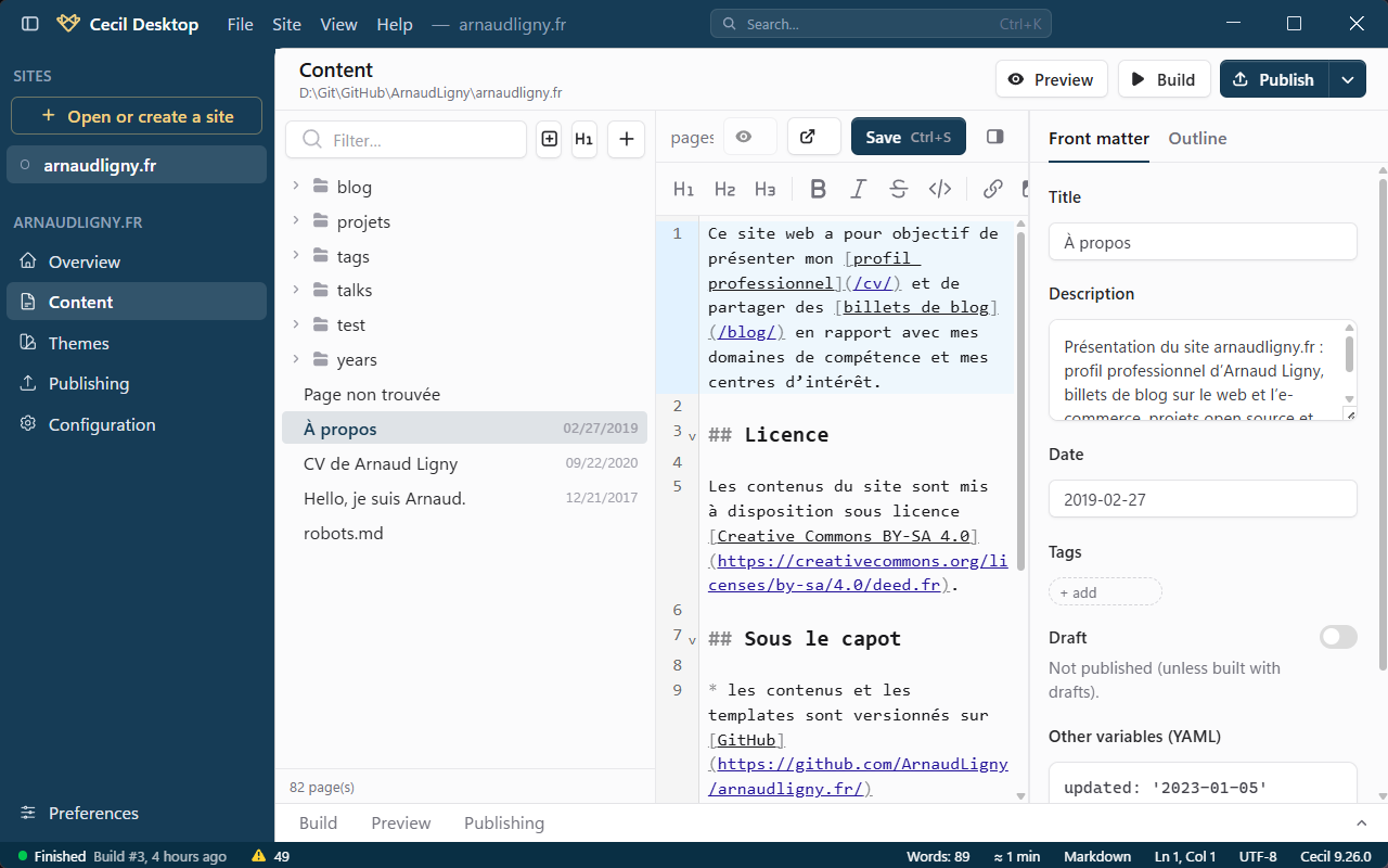 Éditeur Markdown avec l'arborescence des pages et le formulaire de front matter
