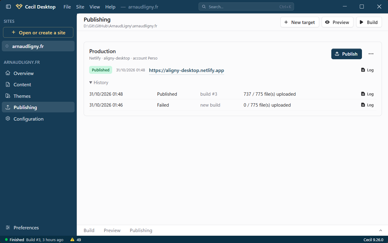 Cible de publication Netlify, avec l'historique des déploiements